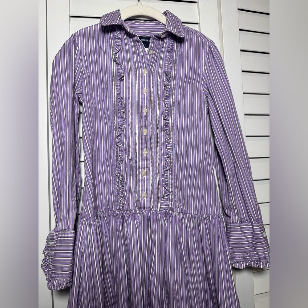 Ralph Lauren Kids Purple & White Striped Button Down Ruffle Dress Size 7 - Picture 6 of 8